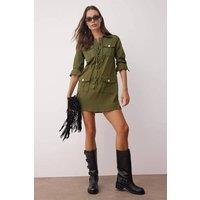 WOVCOR Women's Eyelet Lace Up Mini Woven Utility Dress in Khaki | Size: 6