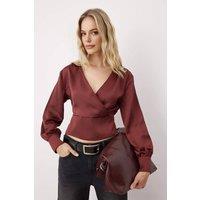 WOVCOR Women's Satin Woven Wrap Blouse with V Neck Detail in Terracotta | Size: 8
