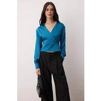WOVCOR Women's Satin Woven Wrap Blouse with V Neck Detail in Turquoise | Size: 6