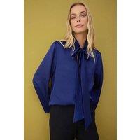 WOVCOR Women's Satin Woven Blouse with Scarf Neck Detail in Navy | Size: 14