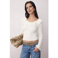 WOVCOR Women's Textured Fitted Stretch Knit Blouse with Ruffle Neck Detail in Ecru | Size: Small
