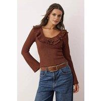 WOVCOR Women's Textured Fitted Stretch Knit Blouse with Ruffle Neck Detail in Brown | Size: XS