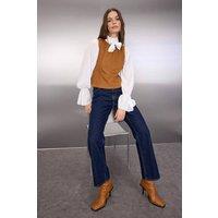 WOVCOR Women's Suede Effect Knit Blouse with Tie Neck Detail in Brown | Size: Small