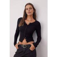 WOVCOR Women's Full Front Snap Fitted Stretch Knit Blouse in Black | Size: Medium