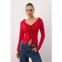 WOVCOR Women's Gathered Long Sleeve Stretch Knit Blouse in Red | Size: Medium