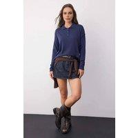 WOVCOR Women's Loose Fit Long Sleeve Knit Sweater with Polo Collar in Navy | Size: Large