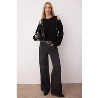 WOVCOR Women's Embellished Knit Sweater with Shoulder Cut Out Detail in Black | Size: Medium