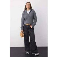 WOVCOR Women's Soft Textured Long Sleeve Zip Neck Knit Sweater in Dark Grey | Size: Large
