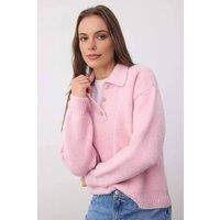 WOVCOR Women's Loose Fit Special Yarn Knit Sweater with Button Collar in Pink | Size: Large