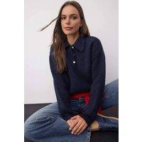 WOVCOR Women's Loose Fit Special Yarn Knit Sweater with Button Collar in Navy | Size: Medium