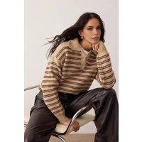 WOVCOR Women's Loose Fit Special Yarn Striped Knit Sweater with Button Collar in Camel | Size: Large