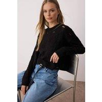 WOVCOR Women's Soft Textured Openwork Knit Cropped Jumper in Black | Size: Medium
