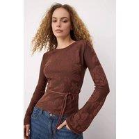WOVCOR Women's Textured Floral Pattern Tie Waist Knit Sweater in Brown | Size: Medium