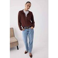 WOVCOR Women's Mercerized Look Polo Collar Button Detail Knit Sweater in Brown | Size: Medium
