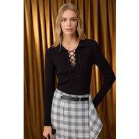 WOVCOR Women's Mercerized Look Tie Front Ribbed Knit Sweater in Black | Size: Small