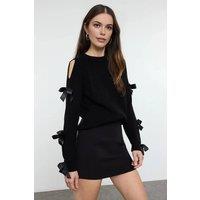 WOVCOR Women's Bow Detail Cut Out Sleeve Knitted Sweater in Black | Size: Medium