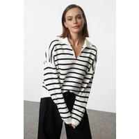 WOVCOR Women's Striped Polo Collar Knitted Sweater in Ecru | Size: Large