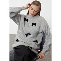 WOVCOR Women's Knit Sweater with Bow Applique Detail & Long Sleeves in Grey | Size: Large