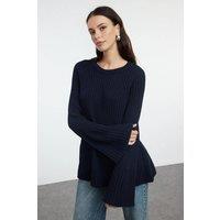 WOVCOR Women's Loose Fit Ribbed Knit Sweater with Long Sleeves in Navy | Size: Medium