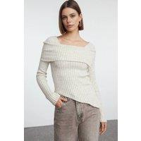 WOVCOR Women's Asymmetric Hem Ribbed Knit Sweater with Foldover Neckline in Stone | Size: Medium