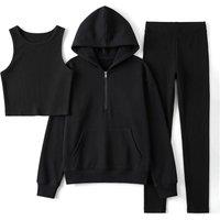 WOVCOR Women's 3 Piece Hooded Knit Set with Zip Front Top, Vest & Leggings in Black | Size: XL