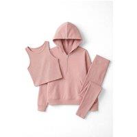 WOVCOR Women's 3 Piece Hooded Knit Set with Zip Front Top, Vest & Leggings in Rose | Size: Small