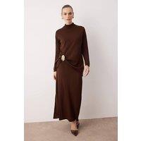 WOVCOR Women's 2 Piece Knitted Co-Ord Set with Brooch Detail & Long Sleeve Top in Brown | Size: Medium