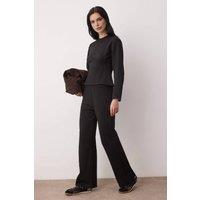WOVCOR Women's 2 Piece Knitted Peplum Top & Straight Leg Trousers Set in Black | Size: Large