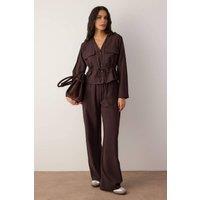 WOVCOR Women's 2 Piece Woven Soft Textured Blouse & Wide Leg Trousers Set in Dark Brown | Size: 8