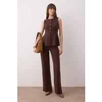 WOVCOR Women's Buttoned Peplum Knit Top & Palazzo Trousers 2 Piece Co-Ord Set in Brown | Size: Medium