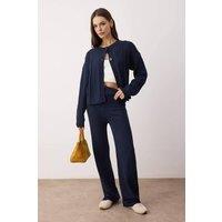 WOVCOR Women's 2-Piece Textured Knit Button-Front Top & Wide-Leg Trousers Set in Navy | Size: Medium