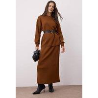 WOVCOR Women's 2-Piece Knit Longline Top & Midi Skirt Set in Brown | Size: Medium