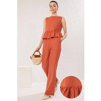 WOVCOR Women's 2-Piece Linen-Look Woven Sleeveless Top & Wide-Leg Trouser Set in Terracotta | Size: 14