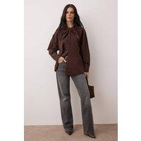 WOVCOR Women's Cotton Poplin Shirt with Bow Tie Neck Detail in Dark Brown | Size: 8