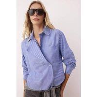 WOVCOR Women's Striped Woven Shirt with Jacket-Style Collar in Blue | Size: 8