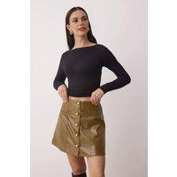 WOVCOR Women's Patent Effect Button Front Mini Skirt in Dark Olive | Size: 12