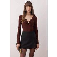 WOVCOR Women's V-Neck Fitted Knit Bodysuit with Gold Ring Detail in Brown | Size: XS