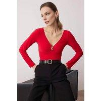 WOVCOR Women's V-Neck Fitted Knit Bodysuit with Gold Ring Detail in Red | Size: XS