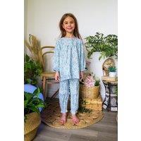 Fox In A Box Girl's Cosmic Moon & Star Cotton Pyjama Set in Blue | Size: 10-11 Years