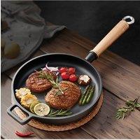 Living and Home 29/23cm Round Cast Iron Frying Pan Skillet with Removable Wooden Handle in Black | Size: Small