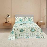 Snug City Soft Floral Brushed Cotton Fitted Flat Sheet & Matching Pillowcases in Blue | Size: Double