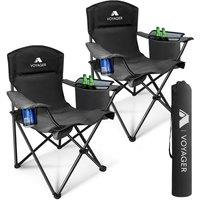 Voyager 2 Pack Folding Camping Chairs with Cooler Bag, Portable & Comfortable in Black