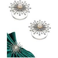 Neel Blue Sunburst Motif Pearl Napkin Rings, Napkin Ring Holders with Diamante Rhinestones in Silver
