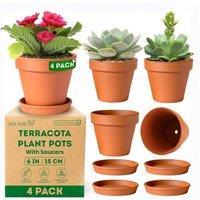 volila 15cm Terracotta Plant Pots with Saucer for Flowers, Herbs & Plants - Pack of 4 | Size: Large