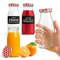 volila 4 Pack Reusable Glass Milk Bottles 250ml with Lids, Labels & Pen in Red