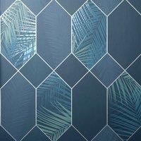 Fine Dcor Miami Geometric Leaf Wallpaper in Navy