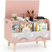 CASART Kids Wooden Toy Box w/ Front Bookshelf Toy Storage Organizer Toy Chest in Pink