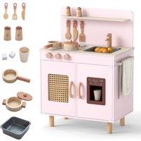 CASART Kids Play Kitchen Wooden Pretend Kitchen Playset w/ Ice Maker & Stove in Pink