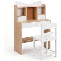 Costway Kids Study Desk & Chair Set Wooden Writing Table w/ Chair & 4 Drawers in Natural