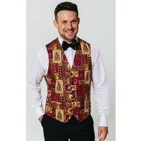 Dobell Men's Red Vintage Christmas Print Waistcoat | Size: 5XL